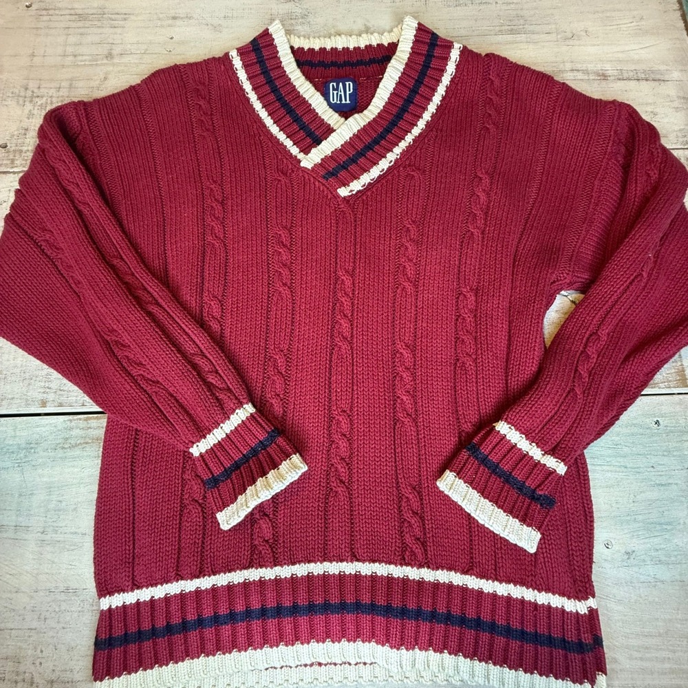 Vintage 90's GAP Burgundy Cable Knit V Neck Sweater College Style Size L EUC
